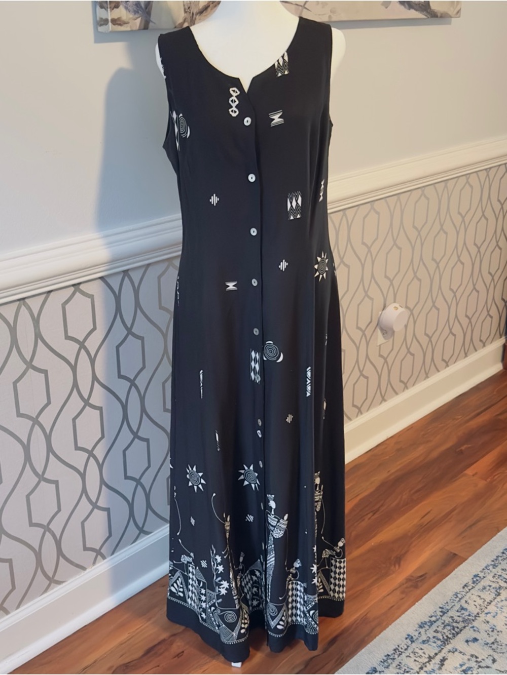Coldwater Creek Black & White Sleeveless Maxi Dress Open Back Cross Straps SZ 12